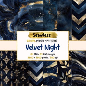May include: Set of 84 digital seamless patterns in navy blue and gold. The patterns include marble, stars, chevron, and floral designs. The patterns are 3600 x 3600 pixels and 300 dpi.