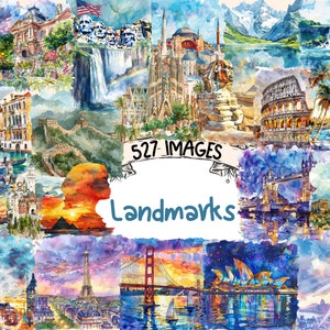 Pacchetto di clipart acquerellate di monumenti - 527 immagini PNG di monumenti iconici del mondo, grafica di siti storici, download digitale istantaneo, uso commerciale