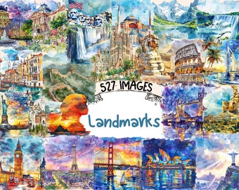 Landmarks Watercolor Clipart Bundle: 527 World Monument PNG Images (Digital Download)