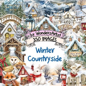 Winter Countryside Watercolor Clipart - 350 PNG Snowy Landscape Graphics, Rustic Scene Illustrations,Instant Digital Download,Commercial Use