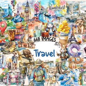 Travel Watercolor Clipart Bundle - 668 PNG Summer Vacation Journey Images, Adventure Graphics, Instant Digital Download, Commercial Use