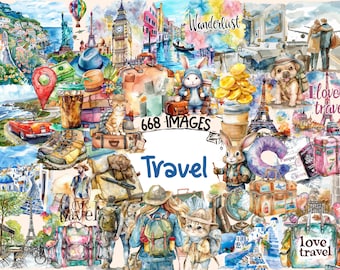 Travel Watercolor Clipart Bundle - 668 PNG Summer Vacation Journey Images, Adventure Graphics, Instant Digital Download, Commercial Use