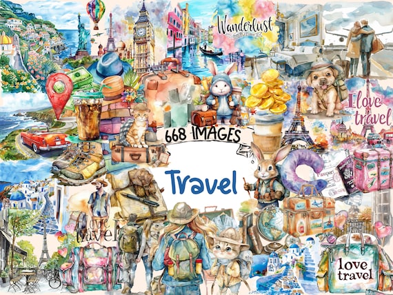 Watercolor Travel Clipart Bundle: 668 PNG Journey Graphics (Digital Download)