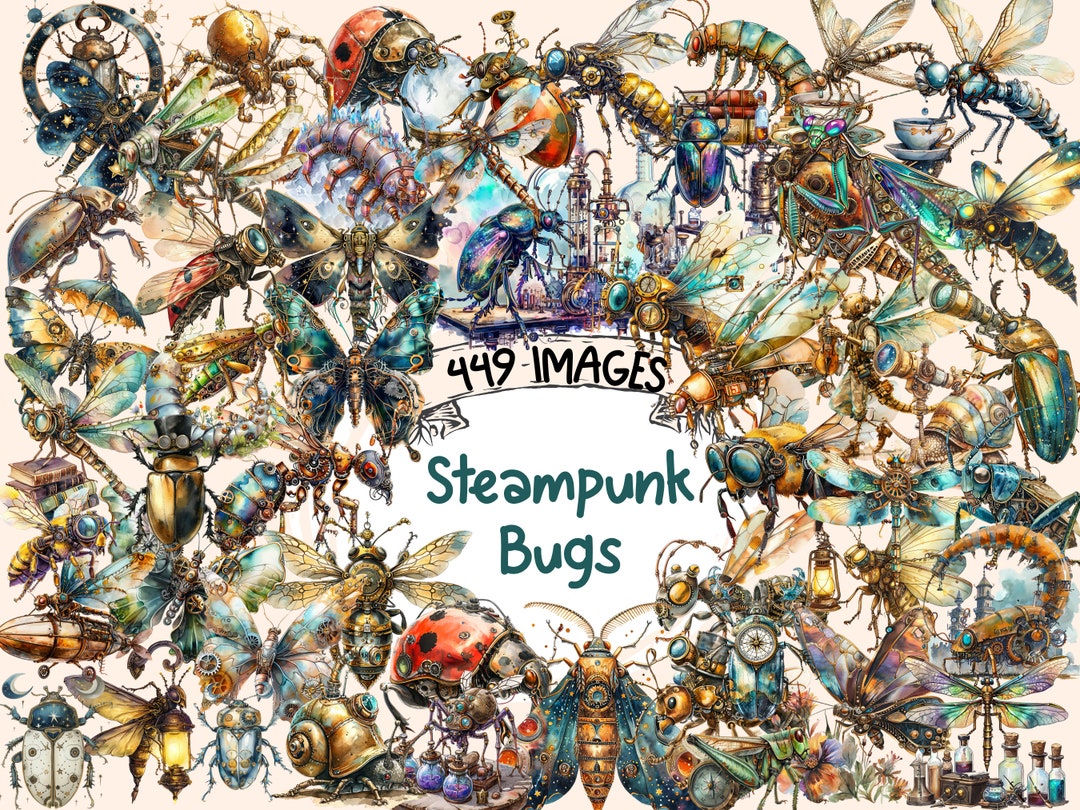 Stempunk Bug Steampunk Bugs Watercolor Clipart: Mechanical Insect Graphics (digital ...