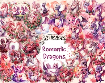 May include: A collection of 521 digital images featuring romantic watercolour illustrations of dragons with hearts, flowers, and other romantic elements.