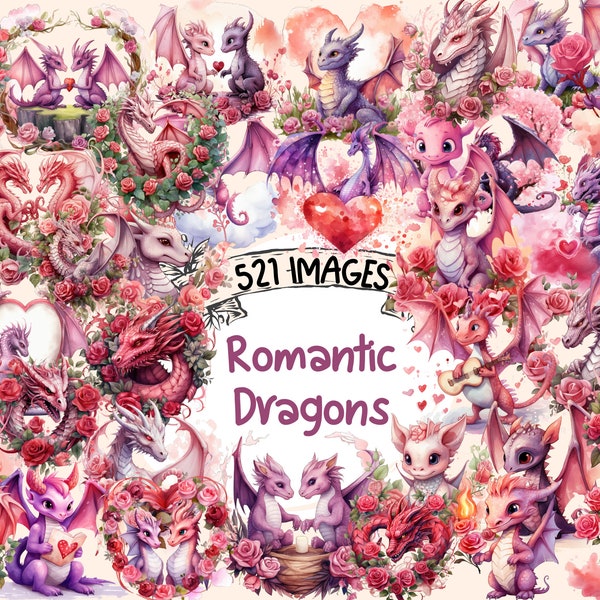 Romantic Dragons Watercolor Clipart Bundle - 521 PNG Romantic Dragon Images,Valentine's Day Graphics,Instant Digital Download,Commercial Use