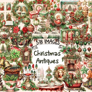 Christmas Antiques Watercolor Clipart Bundle - 518 PNG Vintage Holiday Old Decor Images, Retro Xmas, Instant Digital Download,Commercial Use