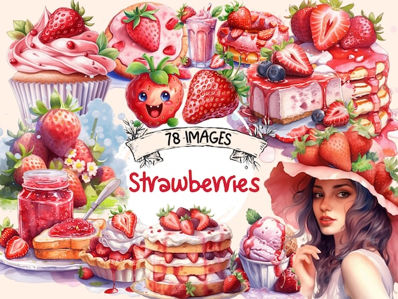 Watercolor Strawberry Clipart Bundle: 78 Summer PNG Images (Digital Download)