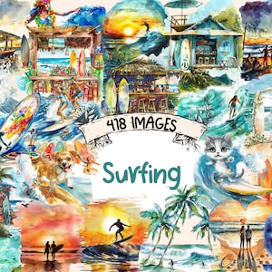 Watercolor Surfing Clipart Bundle: 418 PNG Beach Graphics (Digital Download)
