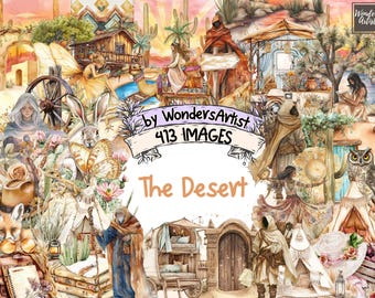 Watercolor Desert Clipart: Arid Landscape PNG Graphics (Digital Download)