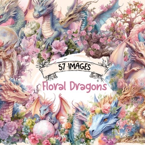 Paquete de imágenes prediseñadas de acuarela de dragones florales - 57 ilustraciones mágicas de cuento de hadas, libro de cuentos lindo, PNG, descarga digital instantánea, uso comercial