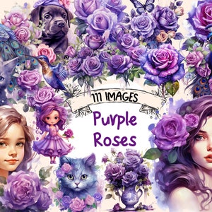 Purple Roses Watercolor Clipart Bundle - 111 PNG Images, Beautiful Floral Graphics, Rose Leaves, PNG,Instant Digital Download,Commercial Use