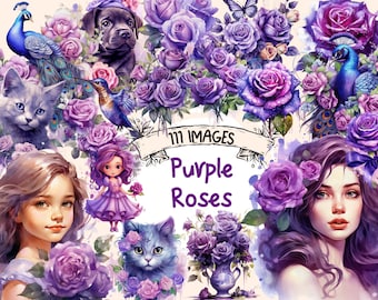 Purple Roses Watercolor Clipart Bundle: 111 PNG Floral Graphics (Digital Download)