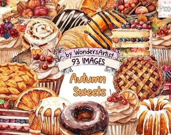 May include: A collection of watercolor illustrations of autumn-themed sweets, including cupcakes, pies, donuts, and cakes. The image includes text that reads "By WondersArtist 93 Images Autumn Sweets".