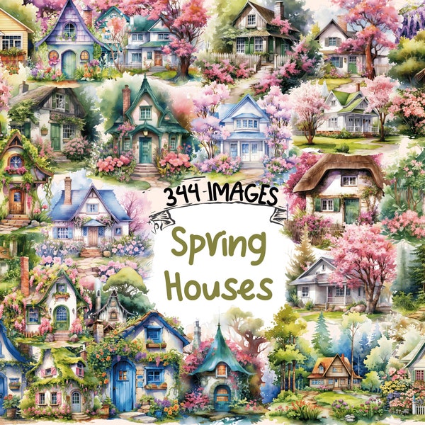 Spring Houses Watercolor Clipart Bundle - 344 PNG Cute Springtime House Images, Cottage Graphics, Instant Digital Download, Commercial Use