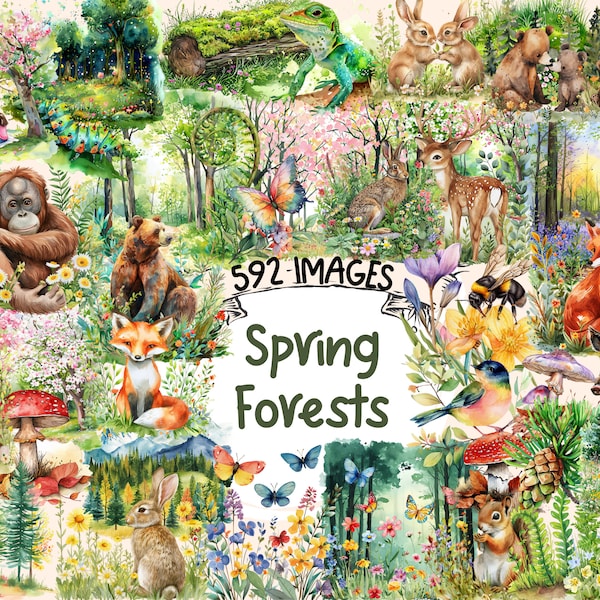Spring Forests Watercolor Clipart Bundle - 592 PNG Woodland Scene Images, Forest Landscape Graphics, Instant Digital Download,Commercial Use