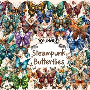 Steampunk Butterflies Watercolor Clipart Bundle -201 PNG Mechanical Insect Images,Butterfly Graphics,Instant Digital Download,Commercial Use
