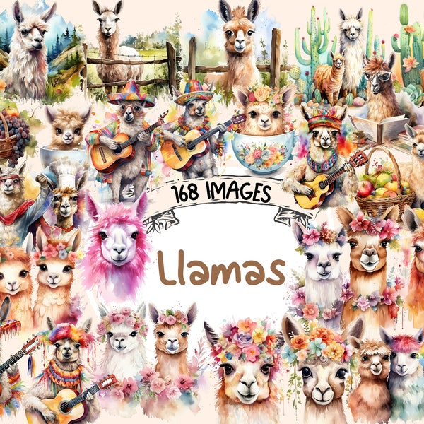 Llamas Watercolor Clipart Bundle - 168 PNG Llama Images, Adorable Alpaca Graphics, Cute Animals, Instant Digital Download, Commercial Use