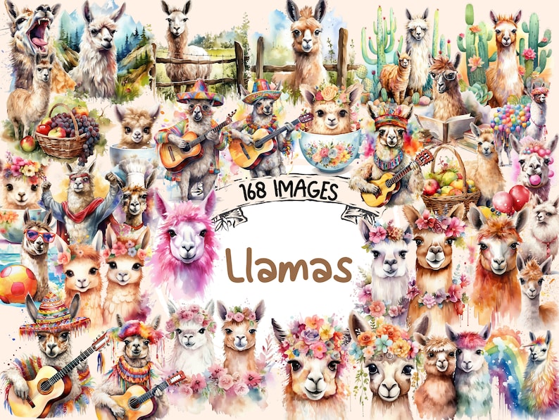K&ouml;nnte beinhalten: Eine Sammlung von 168 Aquarell-Illustrationen von Lamas in verschiedenen Posen und Umgebungen. Die Lamas sind in verschiedenen Farben dargestellt, darunter Pink, Braun, Wei&szlig; und Schwarz. Einige Lamas tragen Blumen, H&uuml;te und andere Accessoires. Der Text "168 IMAGES" und "Llamas" wird in der Mitte des Bildes angezeigt.
