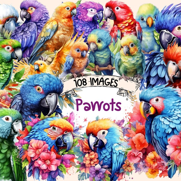 Perroquets aquarelle Clipart Bundle - 108 PNG oiseaux tropicaux Images, été exotique perroquet graphiques, PNG, téléchargement numérique instantané, usage Commercial