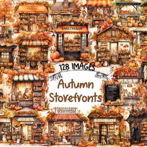 Autumn Storefronts Watercolor Clipart Bundle - 128 PNG Fall Shop Images, Cozy Cute Store Graphics, Instant Digital Download, Commercial Use