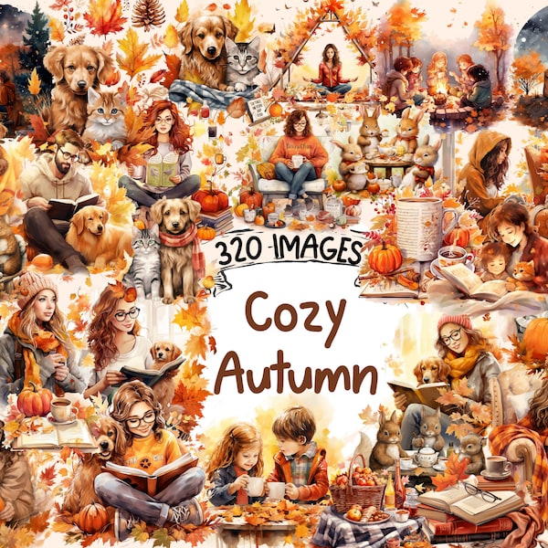 Cozy Autumn Watercolor Clipart Bundle - 320 PNG Cute Fall Images, Seasonal Bookworm Comfort Graphics,Instant Digital Download,Commercial Use