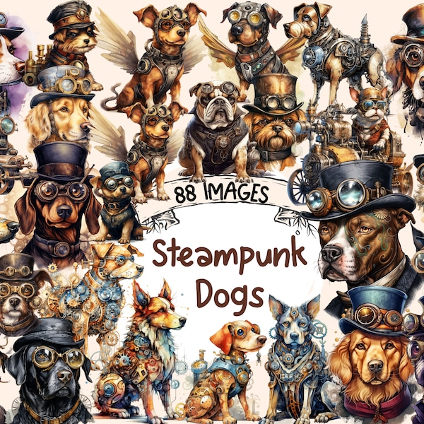 Steampunk Dogs Watercolor Clipart Bundle - 88 PNG Robotic Animals Images, Mechanical Robot Graphics, Instant Digital Download,Commercial Use