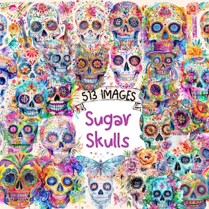 Sugar Skulls Watercolor Clipart Bundle - 513 PNG Decorative Skull Images, Day of the Dead Graphics, Instant Digital Download, Commercial Use