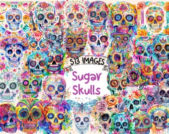 Sugar Skulls Watercolor Clipart Bundle: 513 PNG Images (Digital Download)