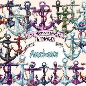 Anchors Watercolor Clipart Bundle - 76 PNG Nautical Anchor Images, Maritime Marine Sea Graphics, Instant Digital Download, Commercial Use
