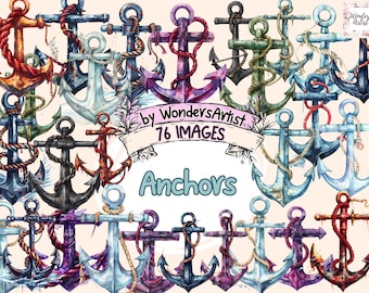 Peut inclure: Une collection de 76 illustrations d'ancres à l'aquarelle dans différentes couleurs et styles. Les ancres sont représentées avec des cordes et sont disposées en cercle. Le texte "Anchors" et "by WondersArtist 76 IMAGES" est affiché au centre de l'image.