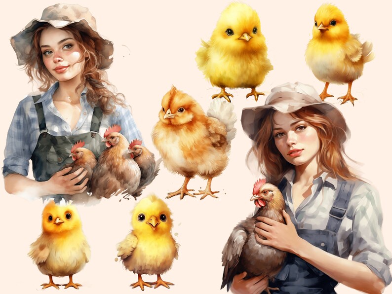 Watercolor Chicken Clipart Bundle: Farm Animal PNG Graphics (digital ...