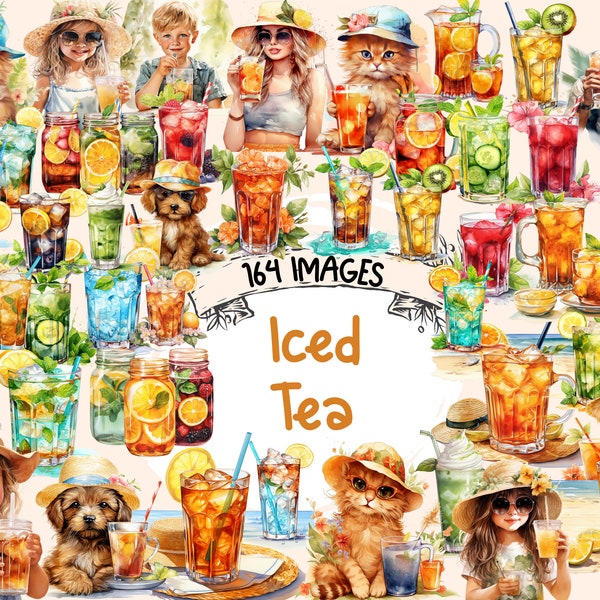 Iced Tea Watercolor Clipart Bundle - 164 PNG Cold Tea Images, Refreshing Drink Graphics,Summer Tea, Instant Digital Download, Commercial Use