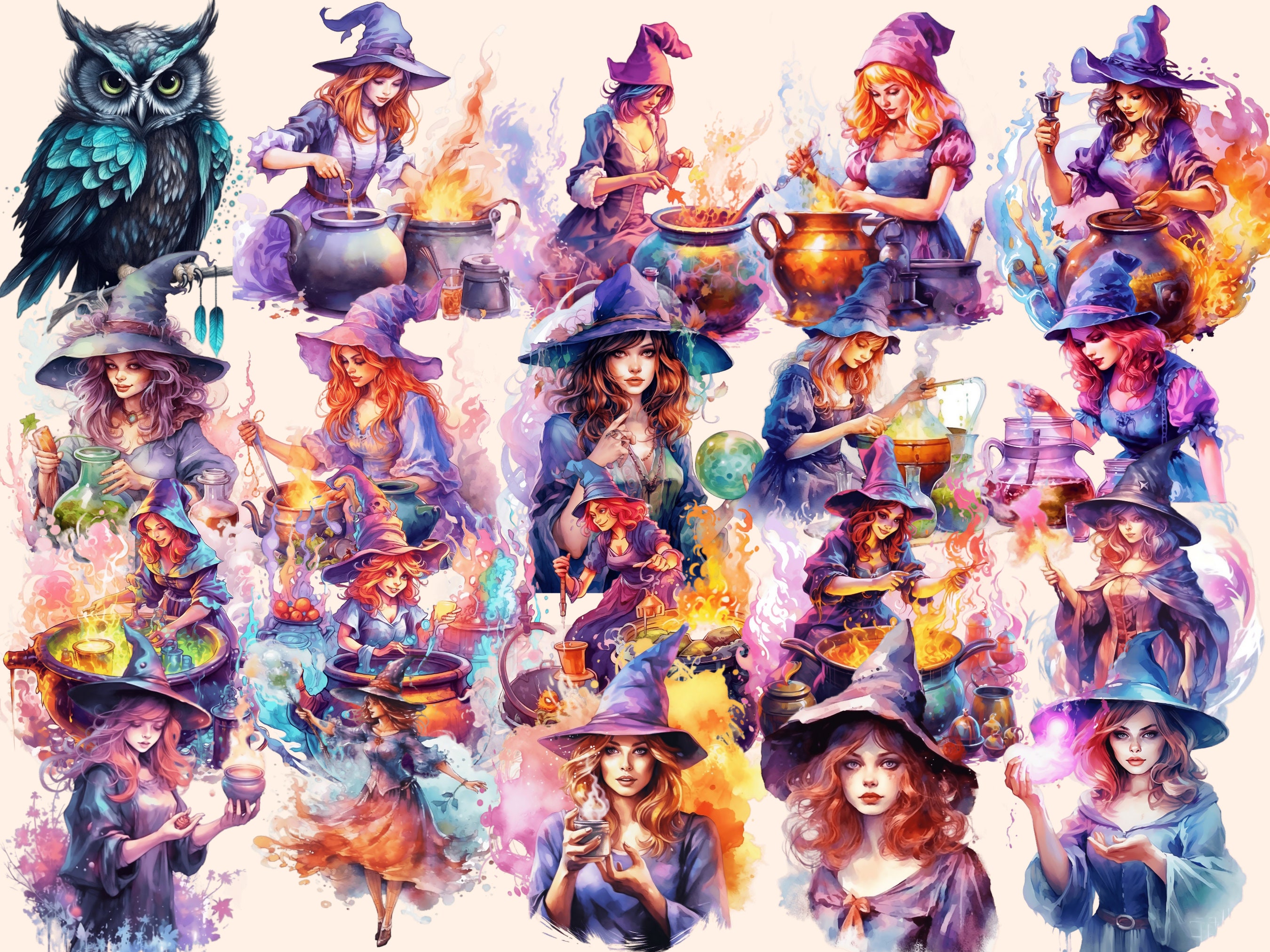 Watercolor Witches Clipart Bundle: 169 Fantasy Witch Images (PNG ...