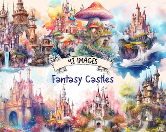 Watercolor Fantasy Castles Clipart Bundle: 42 Fairytale Illustrations (PNG Digital Download)