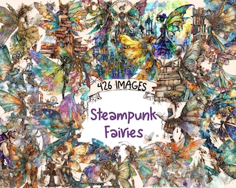 Steampunk Fairies Watercolor Clipart Bundle: 426 PNG Graphics (Digital Download)