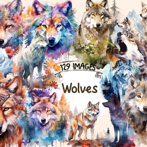 Wolves Watercolor Clipart Bundle - 129 PNG Wolf Fairytale Images, Fantasy Magical Graphics, PNG, Instant Digital Download, Commercial Use