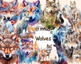 Wolves Watercolor Clipart Bundle - 129 PNG Wolf Fairytale Images, Fantasy Magical Graphics, PNG, Instant Digital Download, Commercial Use