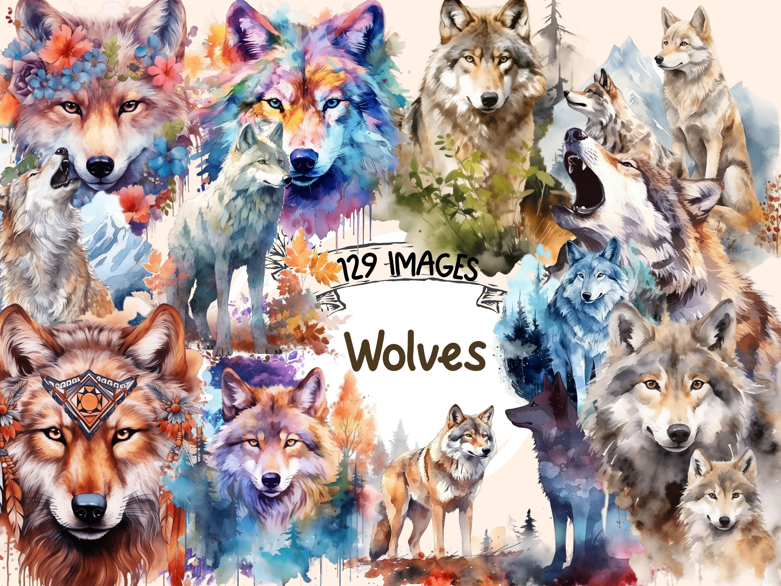 Watercolor Wolves Clipart Bundle: 129 PNG Fairytale Images (Digital Download)