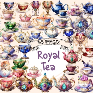 Royal Tea Watercolor Clipart Bundle - 165 PNG Fancy Drink Images, Elegant Regal Ornate Graphics, Instant Digital Download, Commercial Use