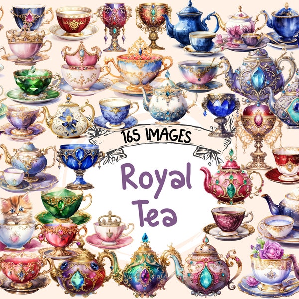 Royal Tea Aquarelle Clipart Bundle - 165 Images de boisson fantaisie PNG, Élégants graphismes ornés Regal, Téléchargement numérique instantané, Utilisation commerciale