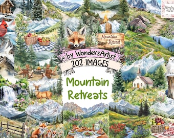 Puede incluir: Un collage de ilustraciones de acuarela con escenas de montaña, que incluyen una cabaña, una cascada, una iglesia, un picnic, una fogata y un zorro. El texto "Mountain Retreats" aparece en el centro del collage. El texto "by WondersArtist 202 Images" también aparece en el collage.