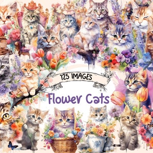 Flower Cats Watercolor Clipart - 125 Magical Enchanting Kittens Illustrations, Cute Flowers, PNG, Instant Digital Download, Commercial Use