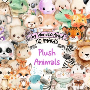 Plush Animals Watercolor Clipart Bundle - 110 PNG Stuffed Animal Images, Adorable Cute Toy Illustrations, Instant Download, Commercial Use