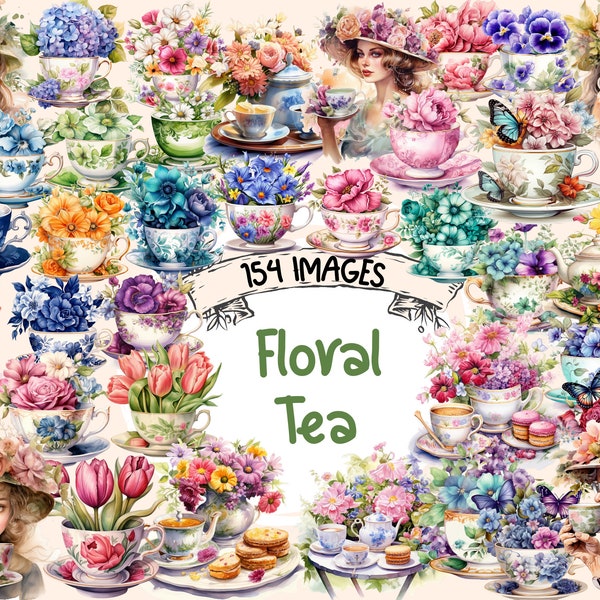 Floral Tea Watercolor Clipart Bundle - 154 PNG Blossoming Tea Time Images, Flower Teacup Graphics, Instant Digital Download, Commercial Use