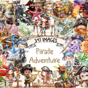 Pirate Adventure Watercolor Clipart Bundle - 341 PNG Pirate Images, Nautical Treasure Hunt Graphics, Instant Digital Download,Commercial Use