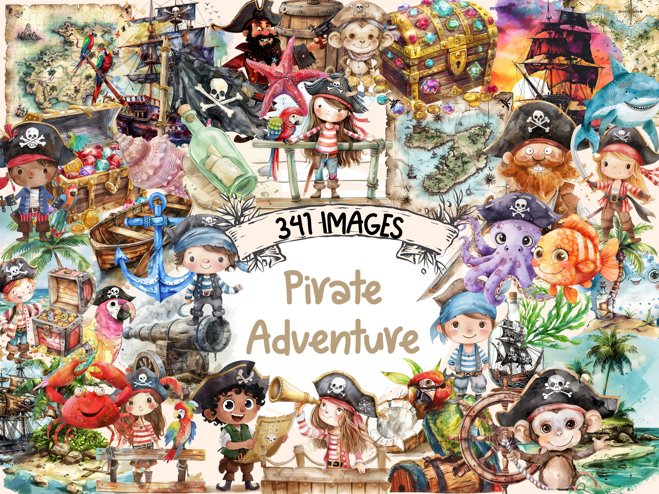 Pirate Adventure Watercolor Clipart Bundle: 341 PNG Images (Digital Download)