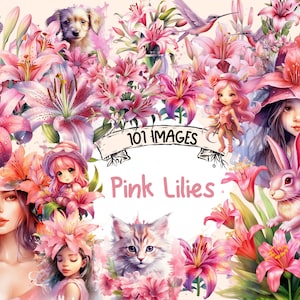 Pink Lilies Watercolor Clipart Bundle - 101 PNG Lily Flower Images, Beautiful Floral Graphics, PNG, Instant Digital Download, Commercial Use