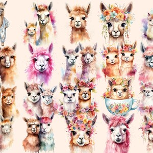 K&ouml;nnte beinhalten: Aquarellmalerei mit verschiedenen Lamas und Alpakas in verschiedenen Posen, einige tragen Blumenkr&auml;nze. Die Tiere sind in einem verspielten Stil mit sanften Farben und zarten Details dargestellt.