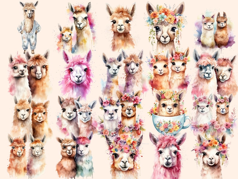 K&ouml;nnte beinhalten: Aquarellmalerei mit verschiedenen Lamas und Alpakas in verschiedenen Posen, einige tragen Blumenkr&auml;nze. Die Tiere sind in einem verspielten Stil mit sanften Farben und zarten Details dargestellt.